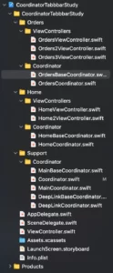 Final Xcode project Structure image example Coordinators and Tab Bars
