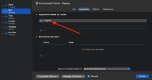 arguments for the staging scheme. How to add arguments for the scheme in Xcode?