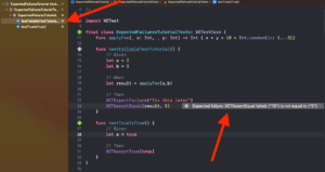 an image showing Xcode problems with unit tests failing